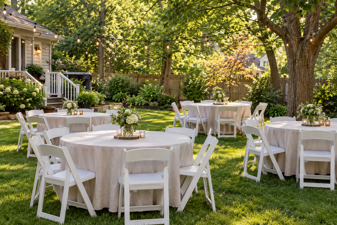 Illustrative outdoor table and chair setup used in the event rental demo